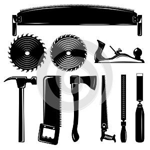 Set of carpenter tools in vintage monochrome style. Design element for poster, card, banner, logo.