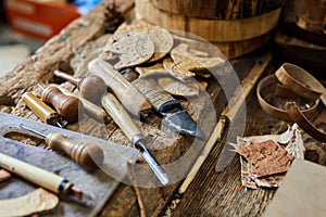 Set of carpenters tool at carpenters workshop. Carpenter`s workplace with instrument for manual craft work