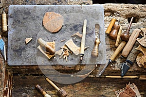 Set of carpenters tool at carpenters workshop. Carpenter`s workplace with instrument for manual craft work