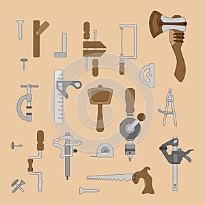 A set of carpentry tools. Ready-made elements for design. Vector illustration in a flat style.