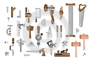 A set of carpentry tools. Ready-made elements for design. Vector illustration in a flat style.
