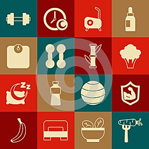 Set Carrot on fork, Bodybuilder muscle, Broccoli, Stationary bicycle, Dumbbell, Bathroom scales, and Bamboo icon. Vector