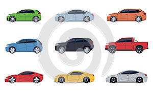 Set of cars of different models. Transport side view. Modern cars, SUVs, sports cars. Vector illustration