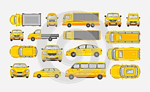 Set cars hatchback, delivery truck, light truck with trailer, minibus, sedan top, front, side view