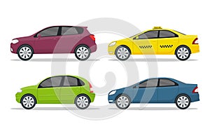 Set of cars on isolated background. Flat auto in side view. Design road vehicle of hatchback, sedan, suv type. Cartoon collection