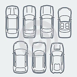 Set of Cars in Outline Style, Top View
