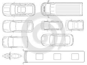 Set of cars top view in outline. Vector set of outline icons cars. City transport. View to the top