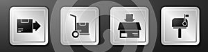 Set Carton cardboard box, Hand truck and boxes, Carton cardboard box and Mail box icon. Silver square button. Vector