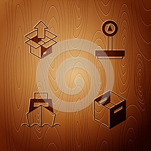 Set Carton cardboard box, Unboxing, Cargo ship with boxes delivery and Scale on wooden background. Vector