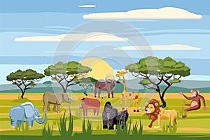 Set of cartoon african animals, background landscapes savanna. Safari animals , hippopotamus, rhinoceros, elephant