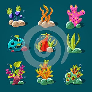 Set of Cartoon Algae, Elements for Aquarium Decoration.