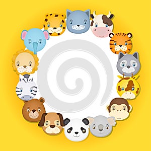 set of cartoon animal faces circle design as funny children background