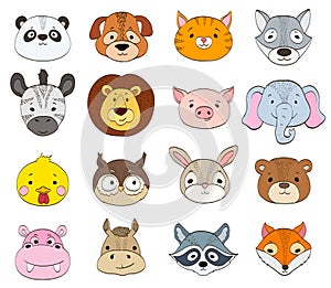 set of cartoon animal faces on white. baby animals symbols drawing vector illustration