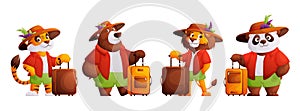 Set of cartoon animal travelers. A lion, a bear, a tiger, a panda in a summer red shirt, green shorts and a hat with