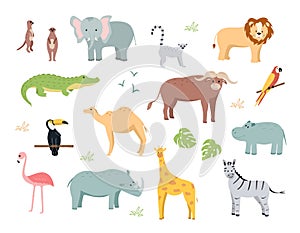 A set of cartoon animals of Africa, vector illustration of cute funny animals