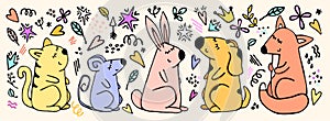 Set of cartoon animals with rabbit, cat, mouse, dog, fox and design elements