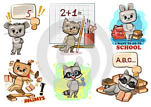 Set of cartoon animals. School scenes with pets. Beautiful baby kids. Cute little funny characters. Isolated on white