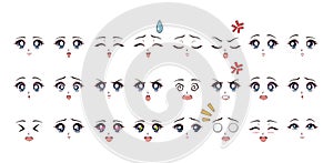 Set of cartoon anime style expressions. Blue eyes, pink lips.