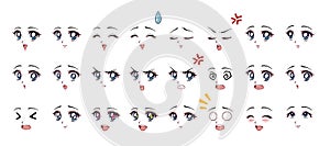 Set of cartoon anime style expressions. Different eyes, mouth, eyebrows. photo