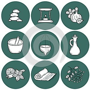 Set of cartoon ayurvedic icons in outline hand