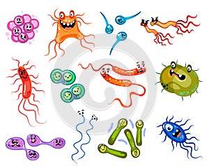 Set of cartoon backterias and viruses isolated on white background