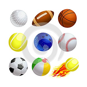 Set of Cartoon Balls for Sport and Leisure. Golf, Rugby and Basketball with Tennis and Bowling. Baseball, Soccer