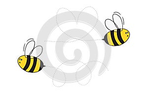 Set of cartoon bee mascot. A small bees flying on a dotted route. Wasp collection. Vector characters. Incest icon