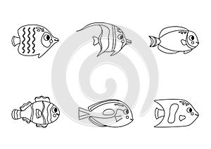 Set of cartoon black and white sea fish