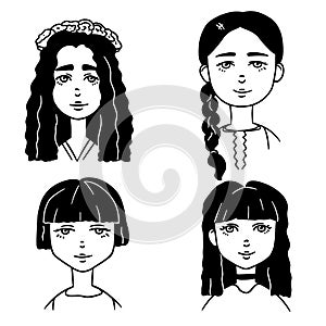 Set of cartoon black and white sketches of cute girls. Doodle style illustration of girls portraits