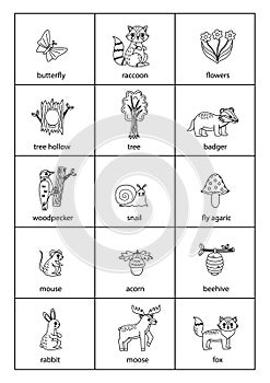 Set of cartoon black and white woodland animals with names