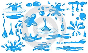 Set cartoon blue dripping water drops and liquid icon collection. Shape water is splashing, flowing, flowing and water droplet.