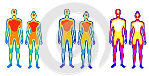 Set of cartoon body warmth thermogram man and woman vector flat illustration