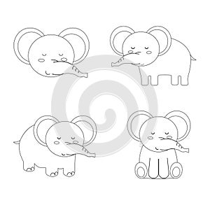 Set of cartoon boho elephants outline. Vector illustration