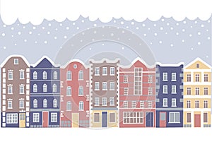 Set of cartoon buildings in winter