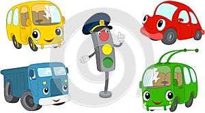 Set of cartoon bus, car, lorry, trolleybus and traffic lights