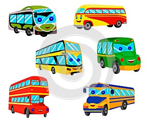 A set of cartoon buses with eyes and a smile in red, yellow and green. city transport, double-decker bus, school bus