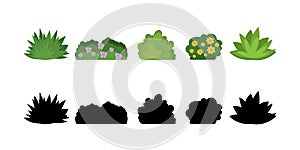 Set of cartoon bushes in flat style. Collection green plants and black silhouettes, isolated on white background