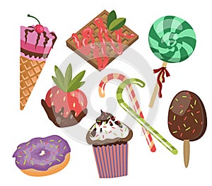 set of cartoon candy icons. Vector illustration of cupcake, donut, waffle, ice cream for holidays, packaging, menus and recipes