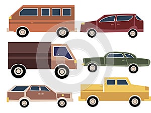 A set of cartoon cars. Collection of old cars. Truck. Transport. Vector illustration.