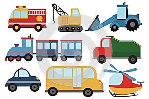 Set of cartoon cars. Collection of stylized cars for children. Working technique. Vector illustration of transport.
