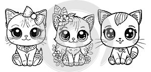 Set of cartoon cat or kitten. Baby animals in line drawing. Vector illustration isolated on white background. For printable