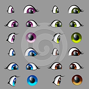 Set of cartoon character anime eyes at different angles of blue, green, purple, brown colors. Vector illustration of female, baby