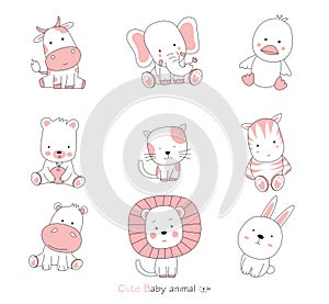 Set cartoon character the lovely baby animals on white background.