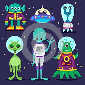 Set of cartoon characters. aliens. UFO.