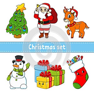 Set of cartoon characters. Christmas tree, santa claus, deer, snowman, gift boxes, sock with sweets. Happy New Year and Merry