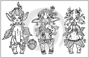 Set of cartoon characters, cute fairytale creatures, kind forest elves with big ears and plump cheeks