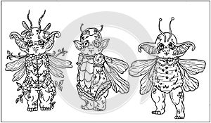 Set of cartoon characters, fairytale forest creatures, cute little bugs with chubby cheeks, ears and big eyes