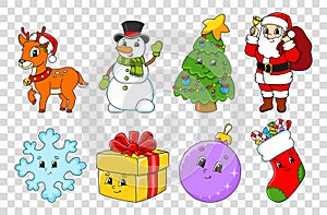 Set of cartoon characters. Fairytale tree, Santa Claus with gifts, cute deer, snowman, sock, snowflake, ball, gift. Happy New Year