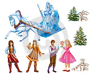 Set cartoon Characters Gerda , Kai , Lappish Womanand trees for fairy tale Snow Queen written by Hans Christian Andersen photo