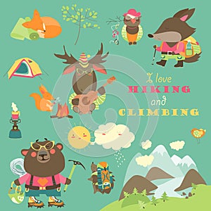 Set of cartoon characters and mountaineering elements photo